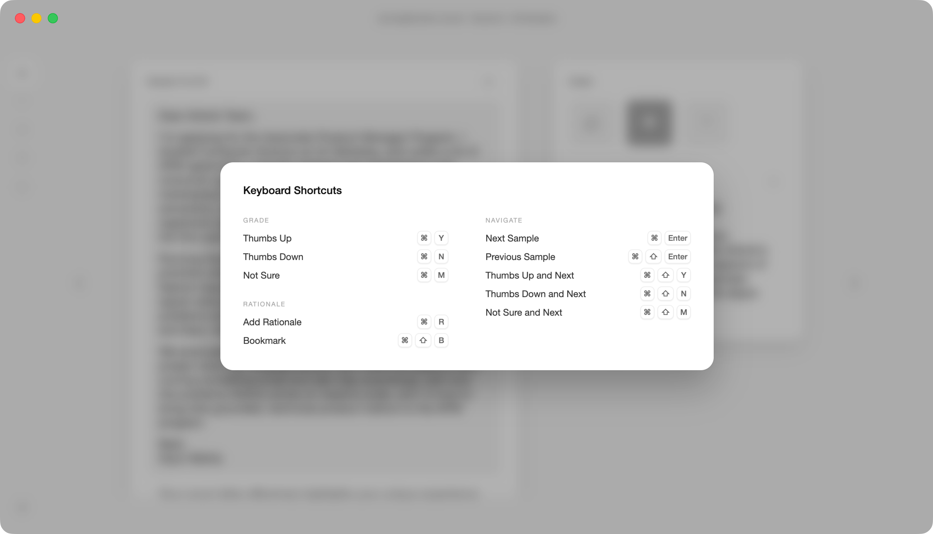 Keyboard shortcuts overlay for moving quickly through samples